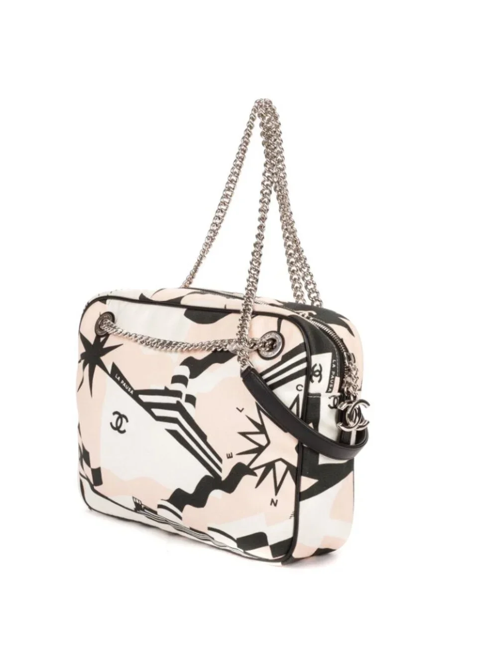 Chanel la Pausa Bay Camera Bag White Black Pink Printed Canvas